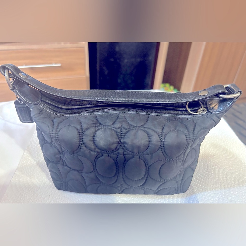 Coach Signature Black Quilted Nylon Leather Trim Small Bag